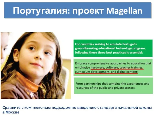 Португалия: проект Magellan Сравните с комплексным подходом по введению стандарта начальной школы в Москве