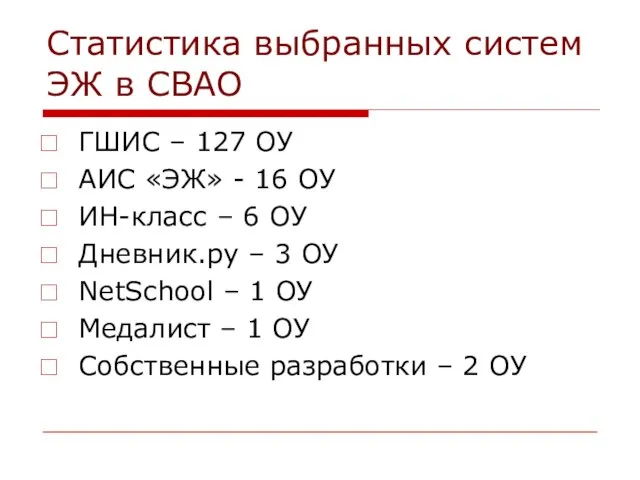 Статистика выбранных систем ЭЖ в СВАО ГШИС – 127 ОУ АИС «ЭЖ»