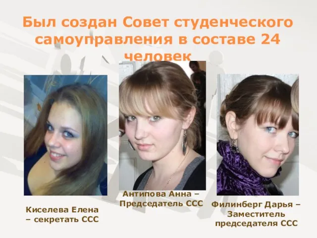 Был создан Совет студенческого самоуправления в составе 24 человек Антипова Анна –
