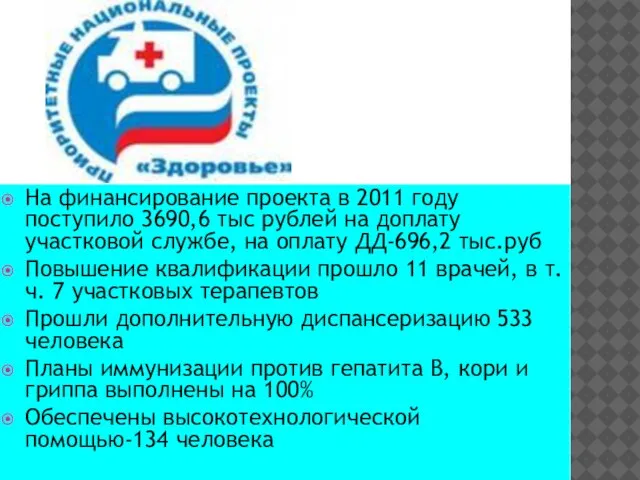 На финансирование проекта в 2011 году поступило 3690,6 тыс рублей на доплату