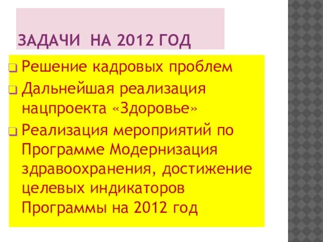 ЗАДАЧИ НА 2012 ГОД Решение кадровых проблем Дальнейшая реализация нацпроекта «Здоровье» Реализация