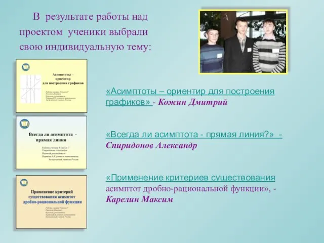 В результате работы над проектом ученики выбрали свою индивидуальную тему: «Асимптоты –