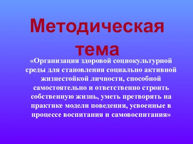 Методическая тема «Организация здоровой социокультурной среды для становления социально активной жизнестойкой личности,