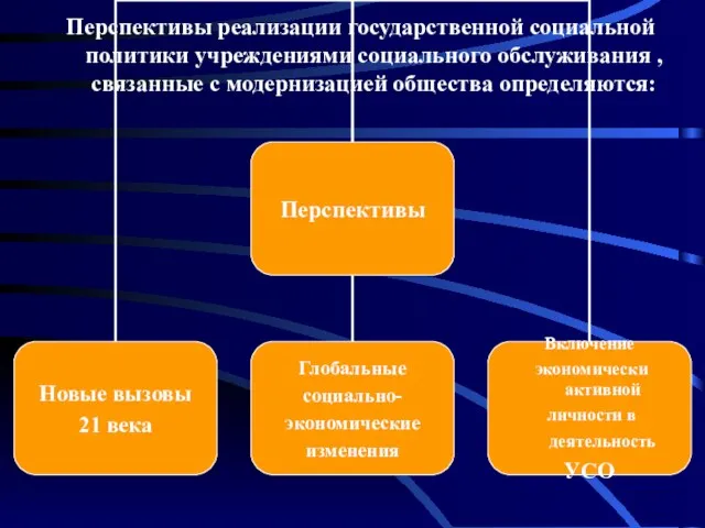 Перспективы реализации государственной социальной политики учреждениями социального обслуживания , связанные с модернизацией общества определяются: