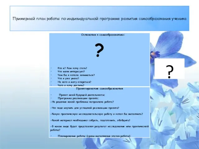 Примерный план работы по индивидуальной программе развития самообразования ученика ?