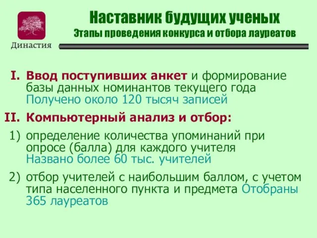 Наставник будущих ученых Этапы проведения конкурса и отбора лауреатов Ввод поступивших анкет