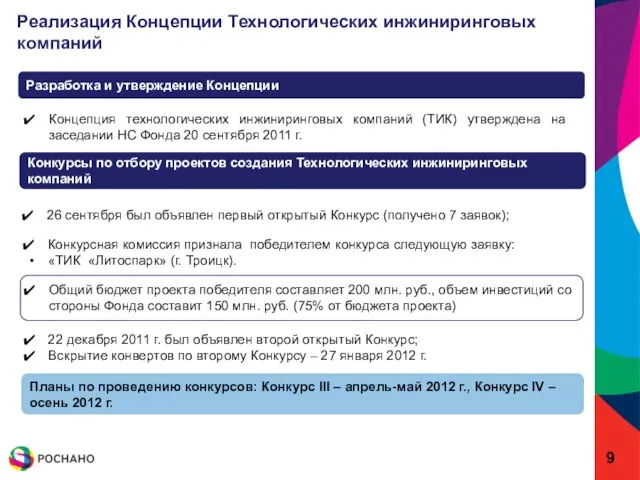 Реализация Концепции Технологических инжиниринговых компаний Концепция технологических инжиниринговых компаний (ТИК) утверждена на