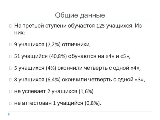 Общие данные На третьей ступени обучается 125 учащихся. Из них: 9 учащихся