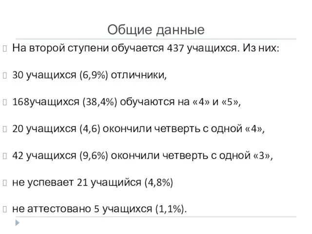 Общие данные На второй ступени обучается 437 учащихся. Из них: 30 учащихся