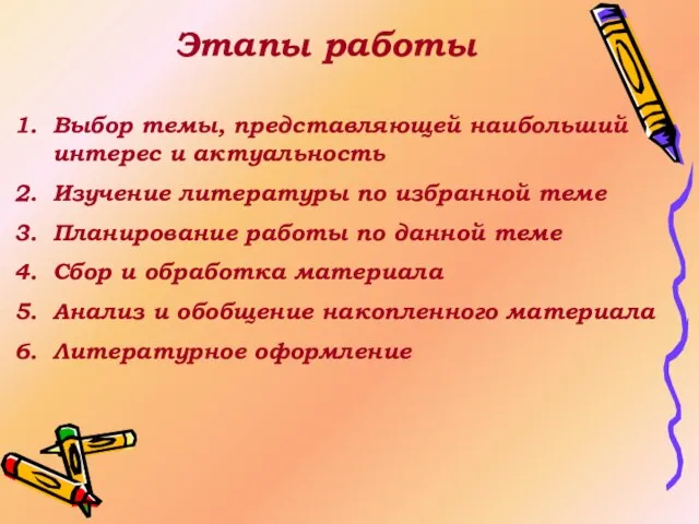 Этапы работы Выбор темы, представляющей наибольший интерес и актуальность Изучение литературы по