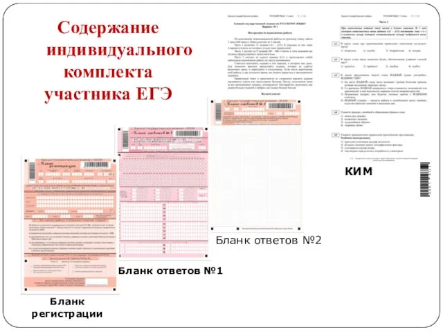 Содержание индивидуального комплекта участника ЕГЭ Бланк регистрации Бланк ответов №1 Бланк ответов №2 КИМ