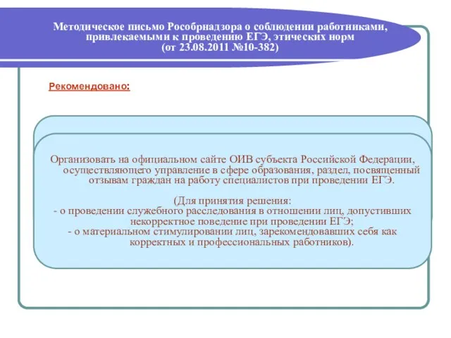 Методическое письмо Рособрнадзора о соблюдении работниками, привлекаемыми к проведению ЕГЭ, этических норм