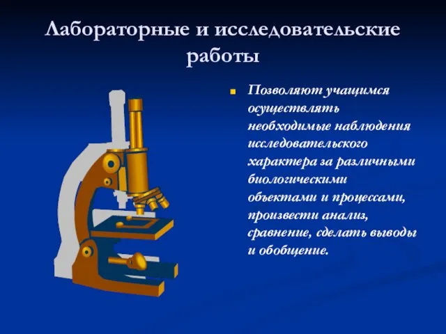 Лабораторные и исследовательские работы Позволяют учащимся осуществлять необходимые наблюдения исследовательского характера за