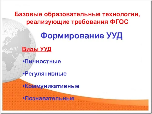 Базовые образовательные технологии, реализующие требования ФГОС Формирование УУД Виды УУД Личностные Регулятивные Коммуникативные Познавательные