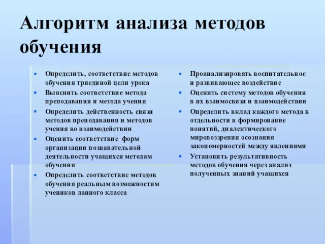 Алгоритм анализа методов обучения Определить, соответствие методов обучения триединой цели урока Выяснить