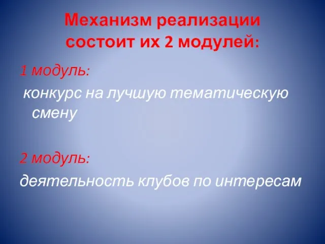 Механизм реализации состоит их 2 модулей: 1 модуль: конкурс на лучшую тематическую