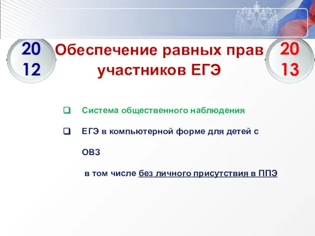 Обеспечение равных прав участников ЕГЭ Система общественного наблюдения ЕГЭ в компьютерной форме