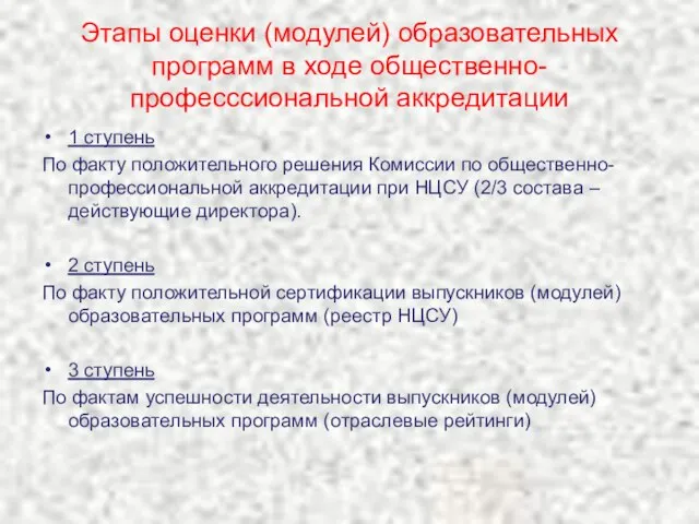 Этапы оценки (модулей) образовательных программ в ходе общественно-професссиональной аккредитации 1 ступень По