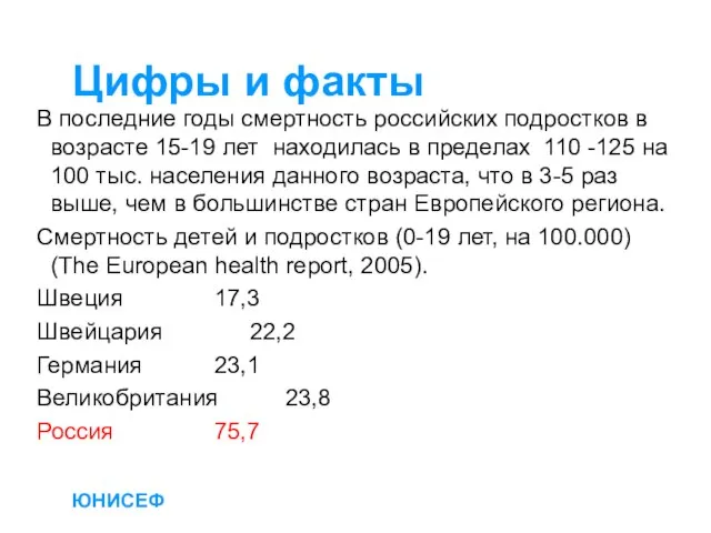ЮНИСЕФ Цифры и факты В последние годы смертность российских подростков в возрасте