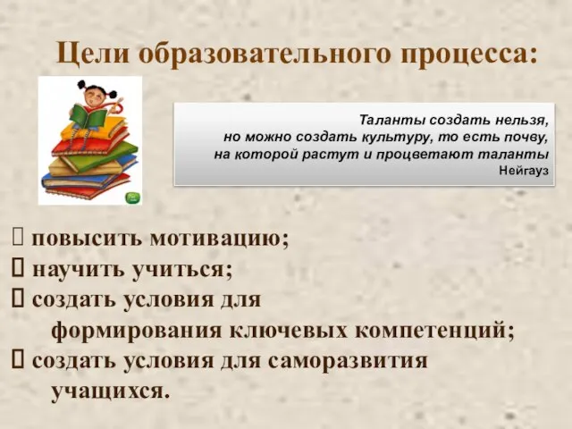 Цели образовательного процесса: повысить мотивацию; научить учиться; создать условия для формирования ключевых