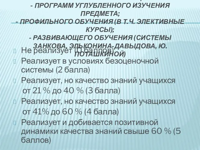 КРИТЕРИЙ №05. РЕАЛИЗАЦИЯ: - ПРОГРАММ УГЛУБЛЕННОГО ИЗУЧЕНИЯ ПРЕДМЕТА; - ПРОФИЛЬНОГО ОБУЧЕНИЯ (В