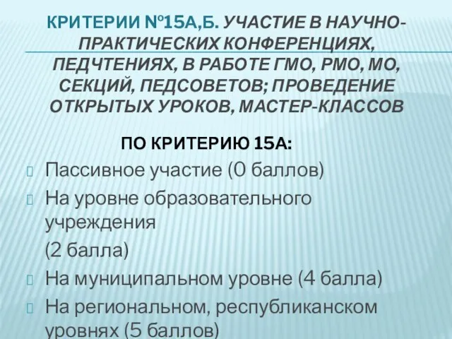 КРИТЕРИИ №15А,Б. УЧАСТИЕ В НАУЧНО-ПРАКТИЧЕСКИХ КОНФЕРЕНЦИЯХ, ПЕДЧТЕНИЯХ, В РАБОТЕ ГМО, РМО, МО,