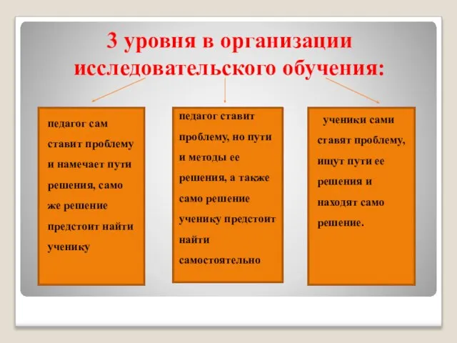 3 уровня в организации исследовательского обучения: педагог ставит проблему, но пути и