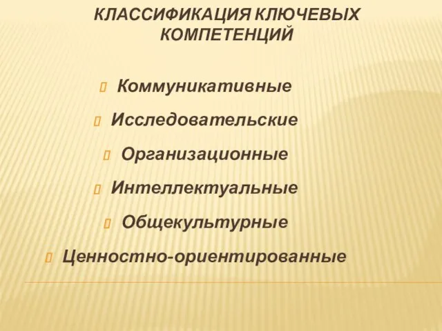 КЛАССИФИКАЦИЯ КЛЮЧЕВЫХ КОМПЕТЕНЦИЙ Коммуникативные Исследовательские Организационные Интеллектуальные Общекультурные Ценностно-ориентированные