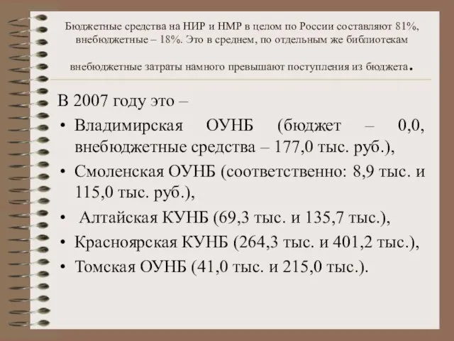 Бюджетные средства на НИР и НМР в целом по России составляют 81%,