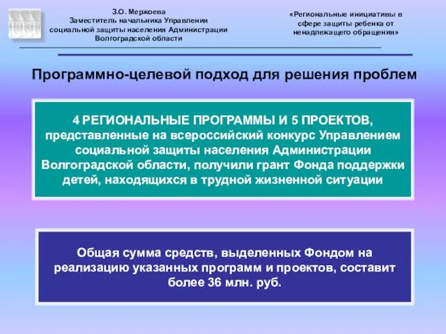 Программно-целевой подход для решения проблем З.О. Мержоева Заместитель начальника Управления социальной защиты