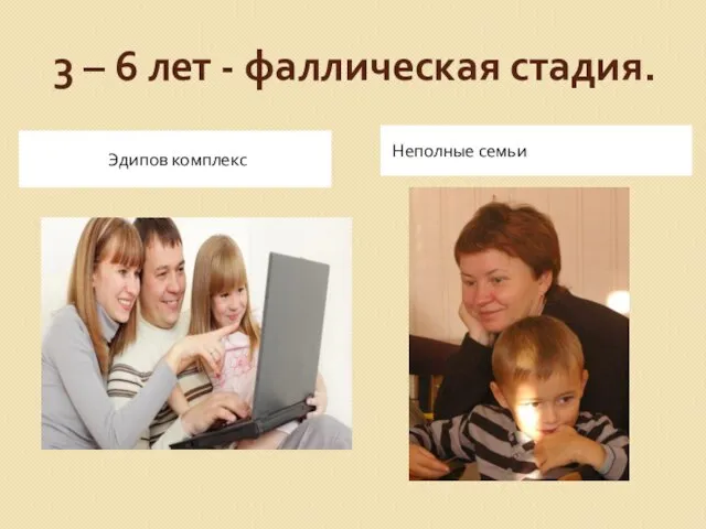 3 – 6 лет - фаллическая стадия. Эдипов комплекс Неполные семьи