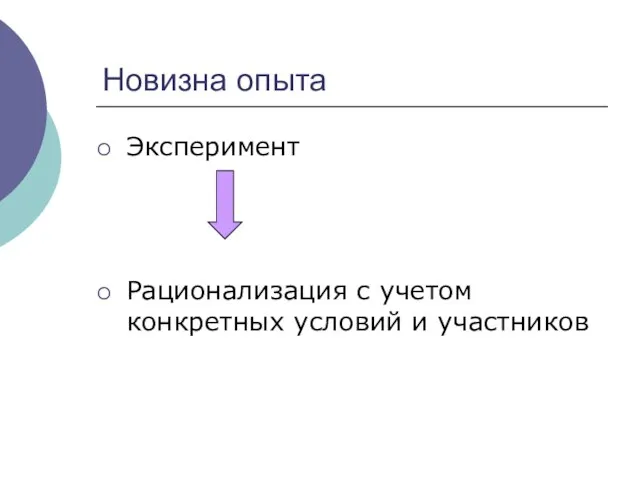 Новизна опыта Эксперимент Рационализация с учетом конкретных условий и участников