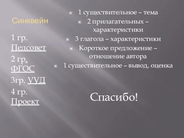 Синквейн 1 гр. Педсовет 2 гр. ФГОС 3гр. УУД 4 гр. Проект