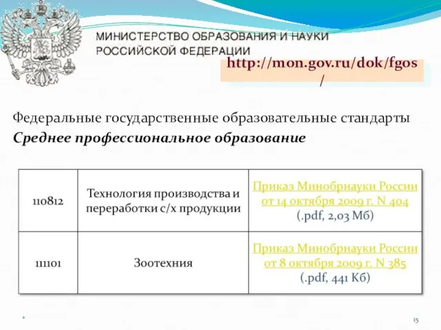 Федеральные государственные образовательные стандарты Среднее профессиональное образование http://mon.gov.ru/dok/fgos/ *