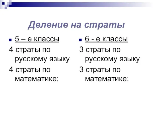 Деление на страты 5 – е классы 4 страты по русскому языку