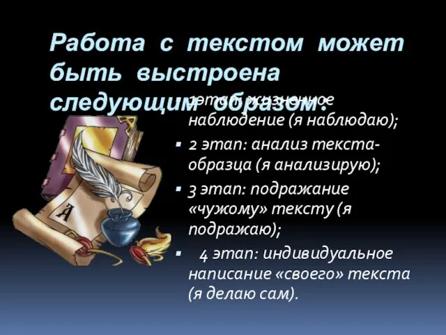 Работа с текстом может быть выстроена следующим образом: 1этап: жизненное наблюдение (я