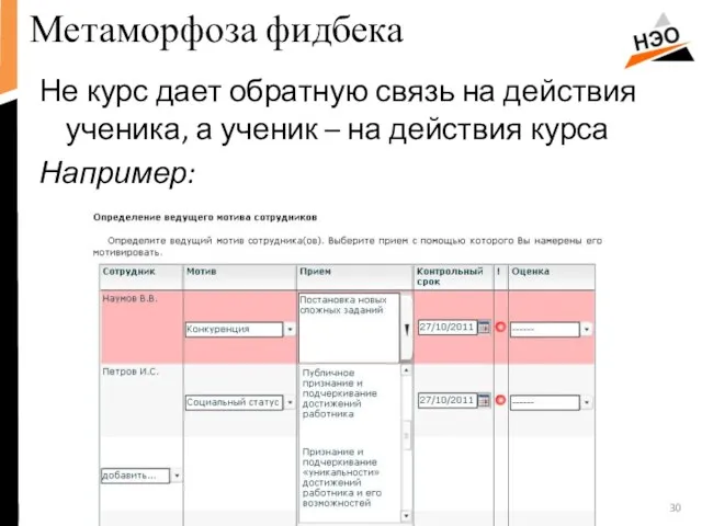 Метаморфоза фидбека Не курс дает обратную связь на действия ученика, а ученик