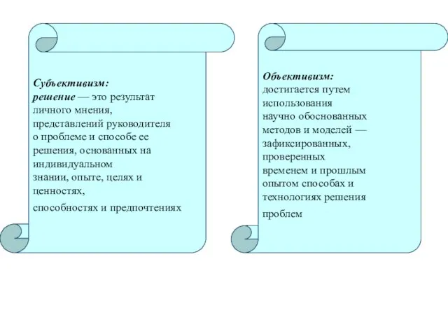 Субъективизм: решение — это результат личного мнения, представлений руководителя о проблеме и