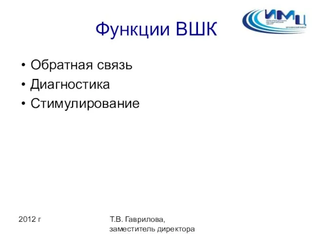 2012 г Т.В. Гаврилова, заместитель директора ИМЦ Функции ВШК Обратная связь Диагностика Стимулирование