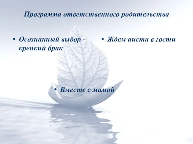 Программа ответственного родительства Осознанный выбор - крепкий брак Вместе с мамой Ждем аиста в гости