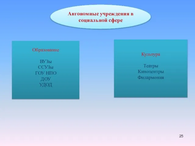 Образование ВУЗы ССУЗы ГОУ НПО ДОУ УДОД Культура Театры Киноцентры Филармония Автономные учреждения в социальной сфере