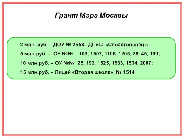 2 млн. руб. – ДОУ № 2558, ДПиШ «Севастополец»; 5 млн.руб. –