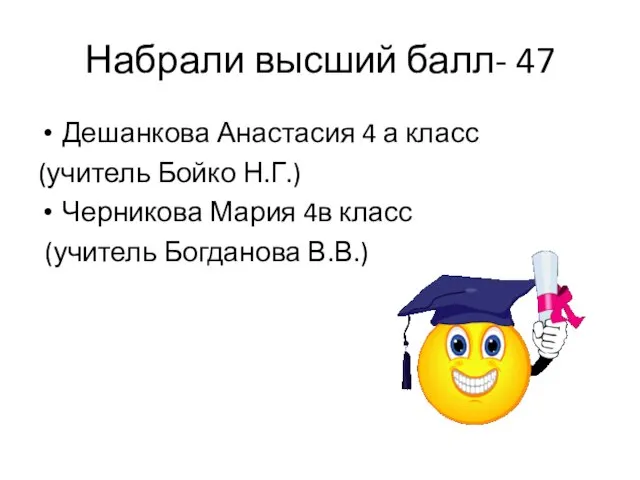 Набрали высший балл- 47 Дешанкова Анастасия 4 а класс (учитель Бойко Н.Г.)