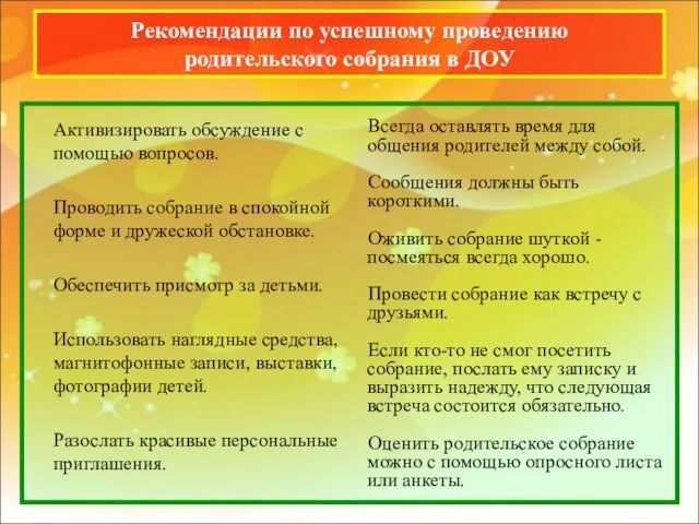 Рекомендации по успешному проведению родительского собрания в ДОУ Активизировать обсуждение с помощью