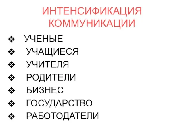 ИНТЕНСИФИКАЦИЯ КОММУНИКАЦИИ УЧЕНЫЕ УЧАЩИЕСЯ УЧИТЕЛЯ РОДИТЕЛИ БИЗНЕС ГОСУДАРСТВО РАБОТОДАТЕЛИ