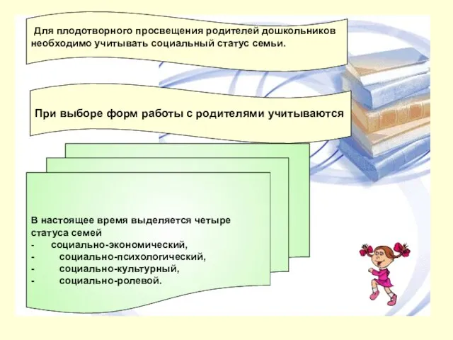 Для плодотворного просвещения родителей дошкольников необходимо учитывать социальный статус семьи. При выборе