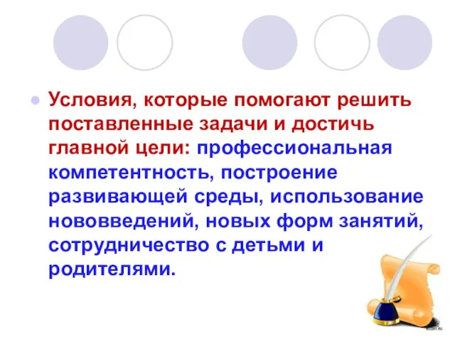 Условия, которые помогают решить поставленные задачи и достичь главной цели: профессиональная компетентность,