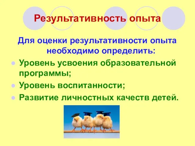 Результативность опыта Для оценки результативности опыта необходимо определить: Уровень усвоения образовательной программы;