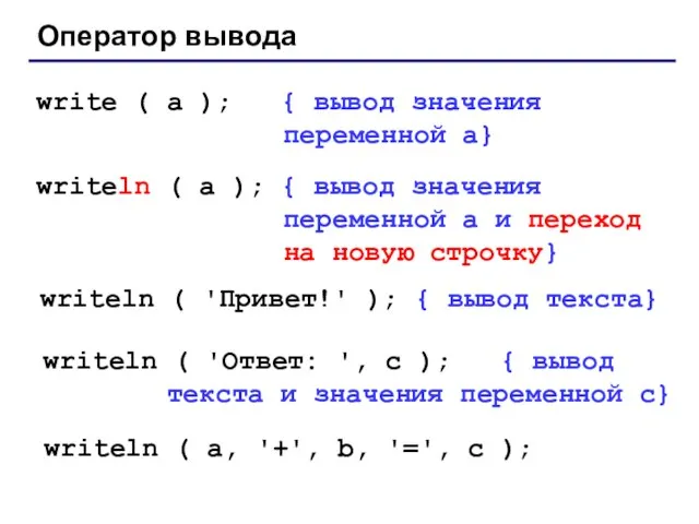 Оператор вывода write ( a ); { вывод значения переменной a} writeln