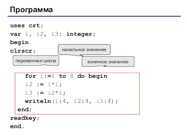 Программа uses crt; var i, i2, i3: integer; begin clrscr; for i:=1